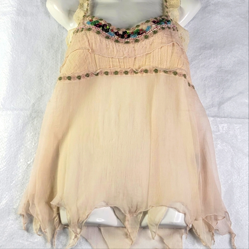 Mechant 100% Silk Womens Tank Top Large Floral Sheer Fairy Bohemian Indie